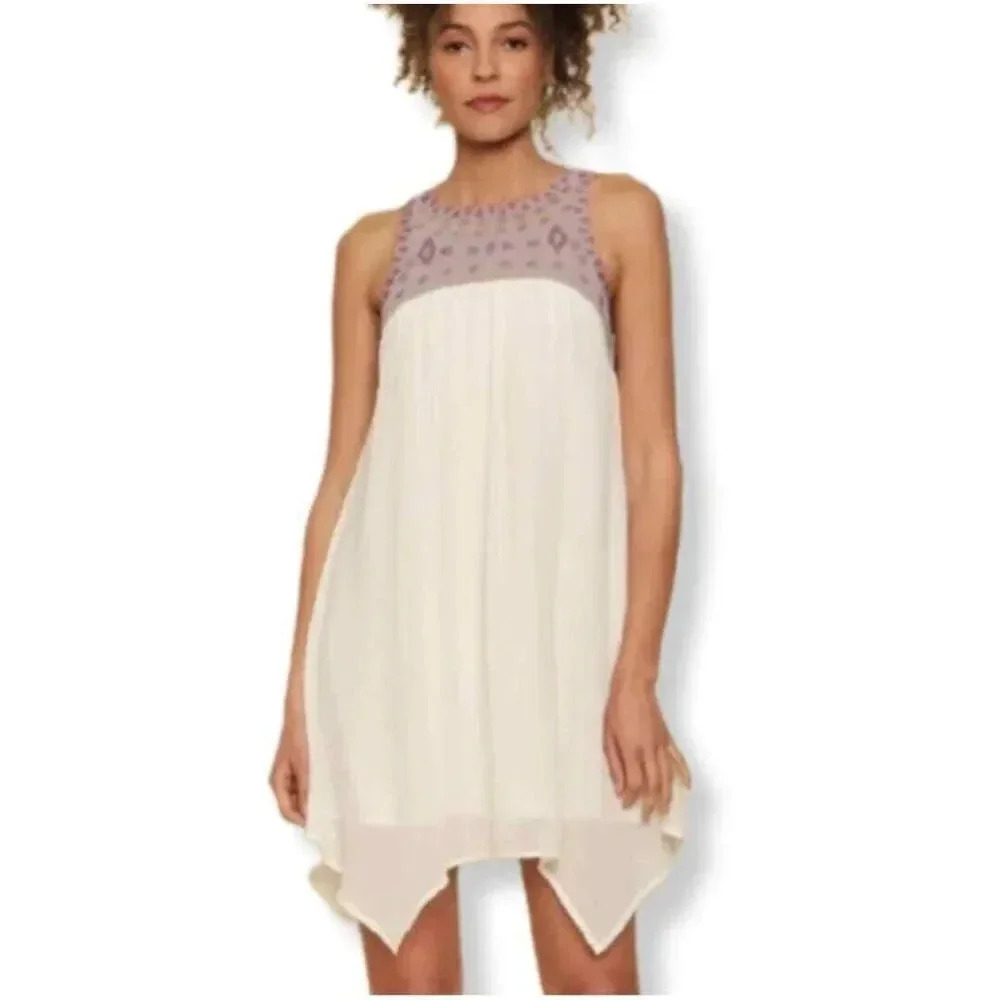 MYSTREE | NWT Embroidered Yoke Dress Crinkle Chiffon Cream Gold Lavender | Large